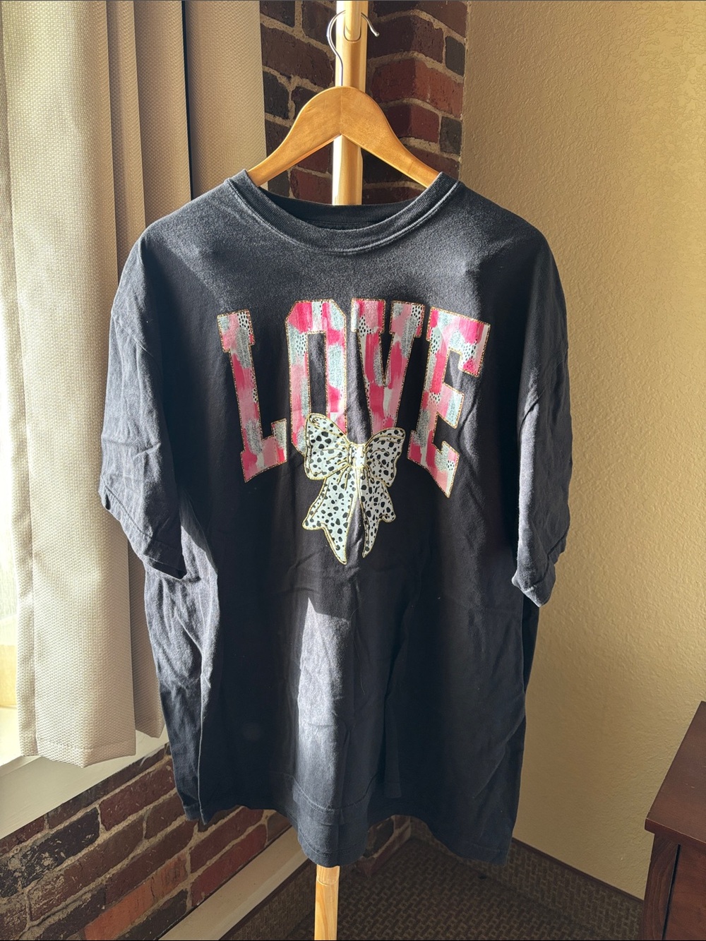 Comfort Colors Black Tee with Pink LOVE and Polka Dot Bow Graphic Size 2X